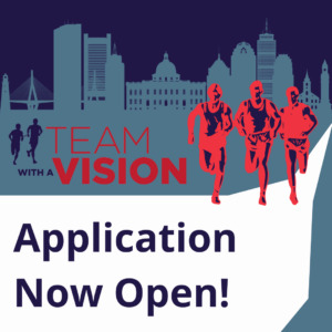 Graphic for Team With A Vision announcing "Application Now Open!" and featuring three graphic runners and the Boston skyline