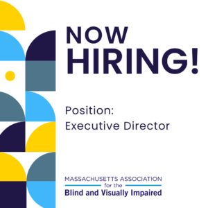 White and blue graphic announcing that MABVI is now hiring for an executive director