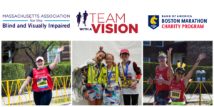 Banner image with logos for MABVI TWAV and the BAA and three images of women running the Boston Marathon in Team With A Vision athletic attire