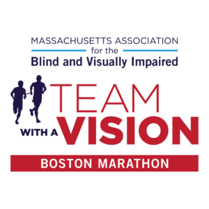 Logos for the Massachusetts Association for the Blind and Visually Impaired and Team With A Vision and the text Boston Marathon